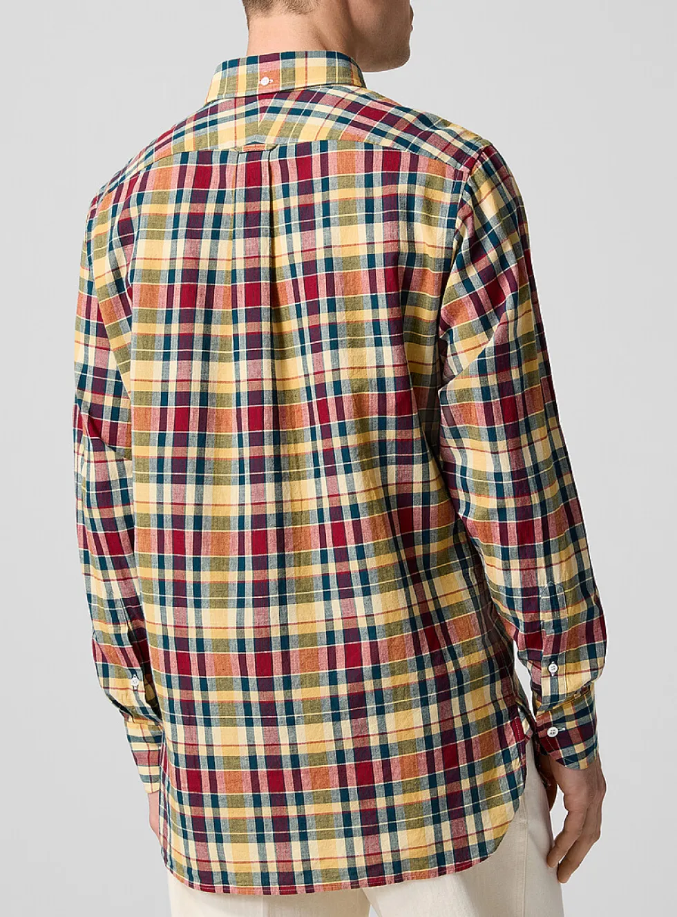 Half-length buttoning checkered madras shirt