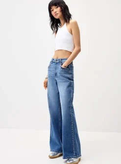 High-rise wide-leg studded jean