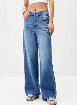High-rise wide-leg studded jean