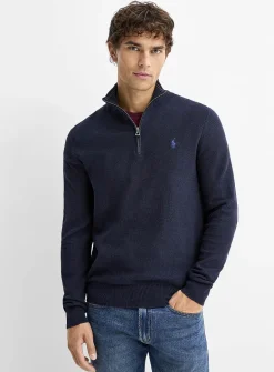 Honeycomb-stitch zip-neck sweater