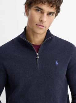 Honeycomb-stitch zip-neck sweater