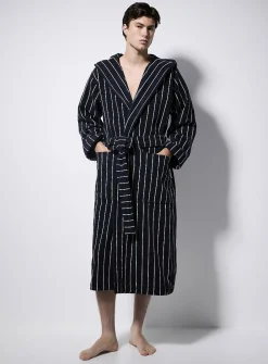 Hooded striped terry bathrobe