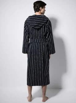 Hooded striped terry bathrobe