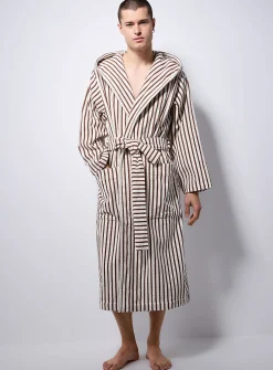 Hooded striped terry bathrobe