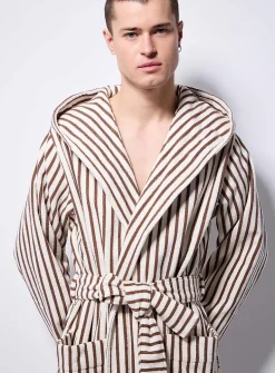 Hooded striped terry bathrobe