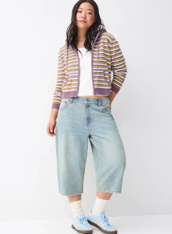 Hooded striped zip-up cardigan