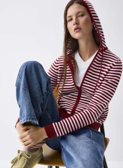 Hooded striped zip-up cardigan