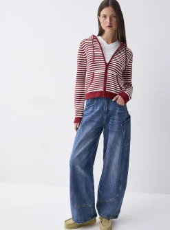 Hooded striped zip-up cardigan