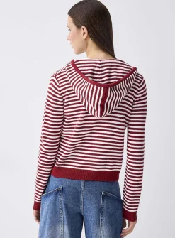 Hooded striped zip-up cardigan