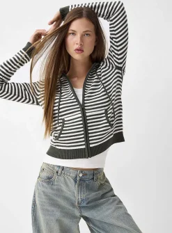 Hooded striped zip-up cardigan