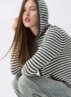 Hooded striped zip-up cardigan