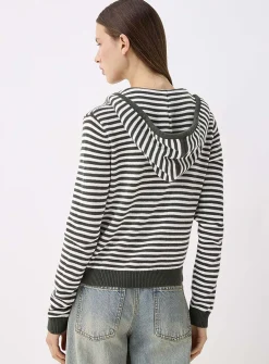 Hooded striped zip-up cardigan