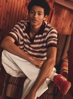 Horizontal stripe knit polo