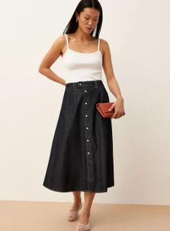 Iridescent buttons lightweight denim midi skirt