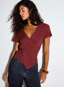 Irregular ribbing crossover V-neck sweater