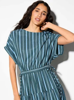 Irregular stripes tie-up waist piqué minidress