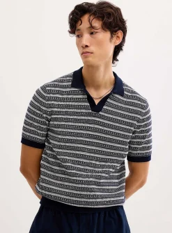 Jacquard knit Johnny collar polo