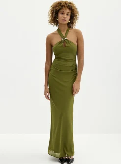 Jayni golden pin long halter dress