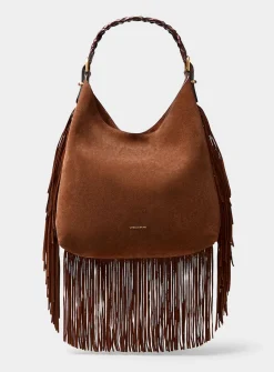 Jess cognac fringed suede hobo bag