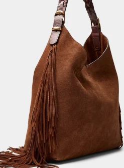 Jess cognac fringed suede hobo bag