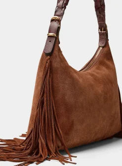 Jess cognac fringed suede shoulder bag
