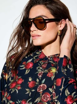 Jewel-button printed fluid blouse