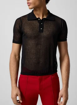 Jewel-buttons sheer knit polo shirt