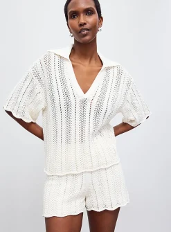 Johnny collar scalloped openwork sweater