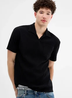 Johnny-collar ribbed polo
