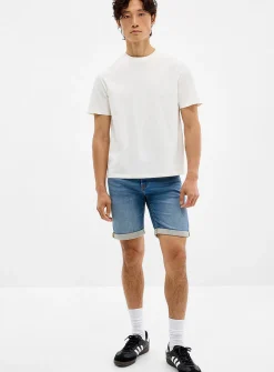 Knit-like underside blue denim Bermudas