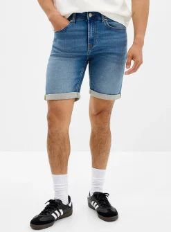Knit-like underside blue denim Bermudas