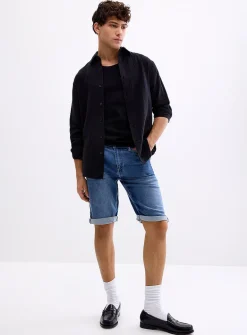 Knit-like underside faded-blue denim Bermudas