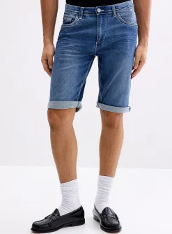 Knit-like underside faded-blue denim Bermudas
