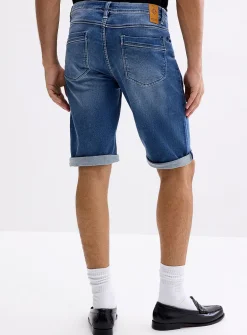Knit-like underside faded-blue denim Bermudas
