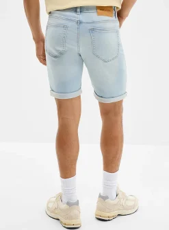 Knit-like underside light-blue denim Bermudas