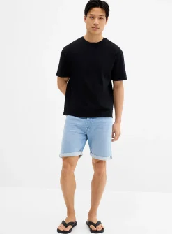 Knit-like underside light-blue denim Bermudas