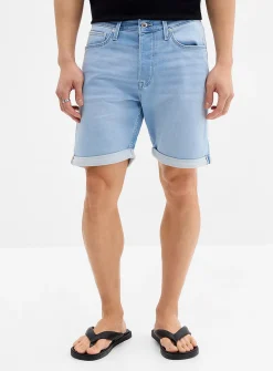Knit-like underside light-blue denim Bermudas
