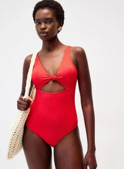 Knotted cutout ribbed red one-piece