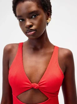Knotted cutout ribbed red one-piece