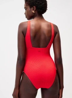 Knotted cutout ribbed red one-piece
