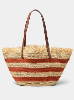 Knotted fringes striped braided raffia tote bag