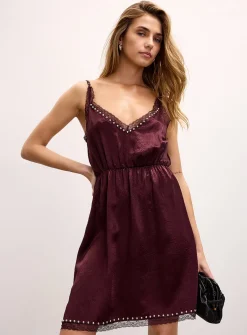 Lace and stud satin slip minidress