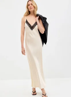 Lace collar long satin dress