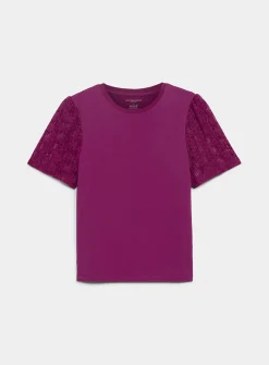 Lace puff-sleeve dual-material T-shirt