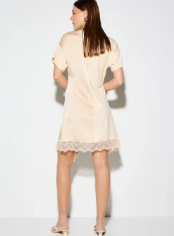 Lace trim dual-material draped T-shirt dress