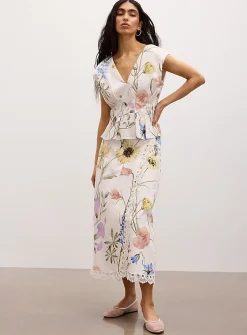 Lace trim linen-blend wraparound skirt