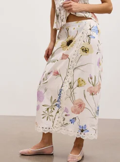 Lace trim linen-blend wraparound skirt