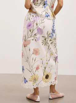 Lace trim linen-blend wraparound skirt