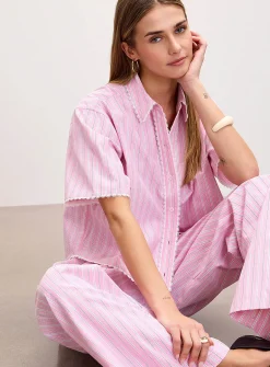 Lace trim striped boxy-fit shirt