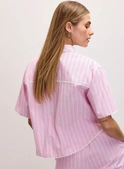 Lace trim striped boxy-fit shirt